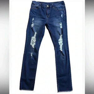 WEAR JEANS Deep Blue Distressed‎ denim frayed bottom classic Straight cut jeans